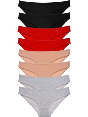 Pileli Store 8 Adet Süper Eko Set Likralı Kadın Slip Külot Siyah Kırmızı Ten Gri