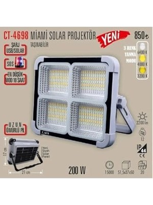 Mey İthalat CT-4698 Taşınabilir Şarjlı Solar Projektör (200W)