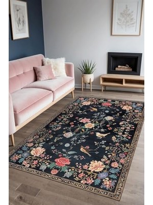 Mey İthalat Conten Çiçekli Şönil Kaymaz Doğal Pamuk Tabanlı Yıkanabilir Antibakteriyel Çevre Dostu Salon Halısı 160X230