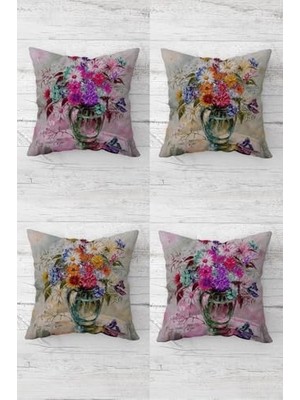 Mey İthalat Mor-Turuncu Saksıdaki Papatyalar Desenli Kırlent Kılıfı Takımı, 4 Adet, Gizli Fermuarlı, 45 x 45
