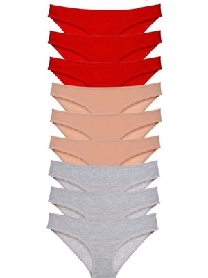 Pileli Store 9 Adet Süper Eko Set Likralı Kadın Slip Külot Kırmızı Ten Gri