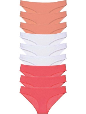 Pileli Store 9 Adet Süper Eko Set Likralı Kadın Slip Külot Pudra Beyaz Fuşya
