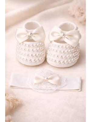 Mey İthalat Ayakkabı; Kız Bebek Fiyonk Detaylı Parlak Incili Patik, Saç Bandı Set Bebek Hediyelik (10 Cm) Ekru 0-6 Ay