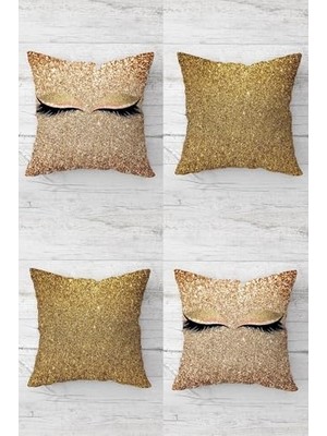 Mey İthalat Gold Renkli Uzun Kirpik ve Altın Payet Desenli Kırlent Kılıfı Takımı, 4 Adet, Gizli Fermuarlı, 45 x 45