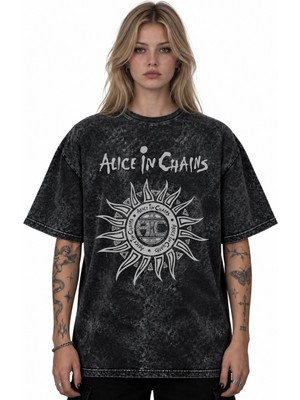 Sevbano Alice In Chains Rock Metal Müzik Grubu Baskılı Unisex Oversize Vintage Yıkamalı Tişört