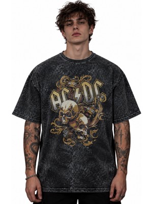 Sevbano Ac Dc Rock Metal Müzik Grubu Baskılı Unisex Oversize Vintage Yıkamalı Tişört