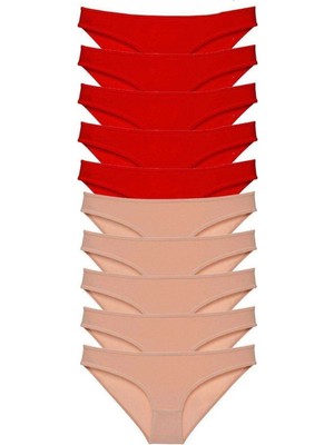 Pileli Store 10 Adet Eko Set Likralı Kadın Slip Külot Kırmızı Ten