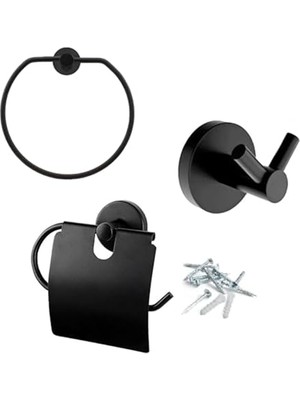 Mey İthalat Bez Havlu Çatal Askı Tuvalet Kağıtlık Set Siyah Metal 3'lü Sağlam Aparat Vidalı Lavabo Banyo Wc