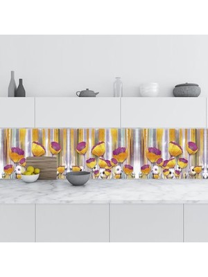 Mey İthalat Mutfak Tezgah Arası, Folyosu 3D Golden, Folyo Fayans Kaplama, Flower 60X400 cm