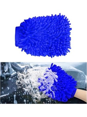Mey İthalat Premium Mikrofiber Yıkama Eldiveni Yumuşak Çizilmez Çift Taraflı Şönil, Mavi Büyük