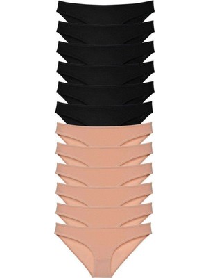 Pileli Store 12 Adet Süper Eko Set Likralı Kadın Slip Külot Siyah Ten