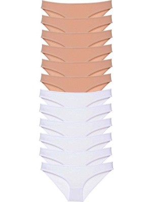 Pileli Store 12 Adet Süper Eko Set Likralı Kadın Slip Külot Ten Beyaz