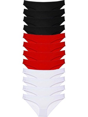 Pileli Store 12 Adet Süper Eko Set Likralı Kadın Slip Külot Siyah Kırmızı Beyaz