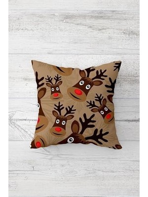 Mey İthalat Geyik Yılbaşı Desenli Acı Kahverengi Yastık Kılıfı 45 x 45, Çift Taraflı Baskı