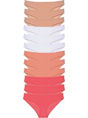 Pileli Store 12 Adet Süper Eko Set Likralı Kadın Slip Külot Ten Beyaz Pudra Fuşya