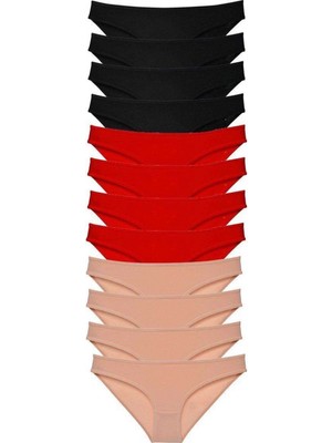Pileli Store 12 Adet Süper Eko Set Likralı Kadın Slip Külot Siyah Kırmızı Ten