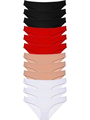 Pileli Store 12 Adet Süper Eko Set Likralı Kadın Slip Külot Siyah Kırmızı Ten Beyaz