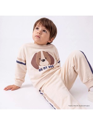 Hellobaby Erkek Bebek Eşofman Takımı Hayvan Baskılı Kapüşonlu Long Sleeve Ribanalı