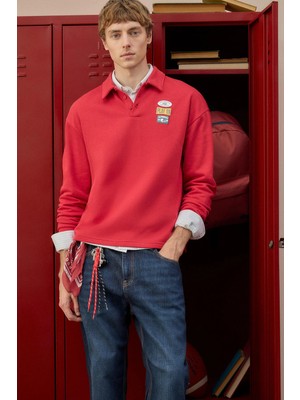 DeFacto Boxy Fit Polo Yaka Düğmeli Baskılı Sweatshirt H4879AX26AU