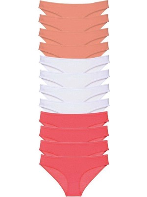 Pileli Store 12 Adet Süper Eko Set Likralı Kadın Slip Külot Pudra Beyaz Fuşya