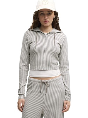 P636669 Puma Ess Ribbed Hoodie Kadın Ceket Gri