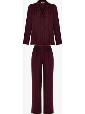 Penti Bordo Maroon Saten Çizgili Uzun Kollu Gömlek Pantolon Pijama Takımı