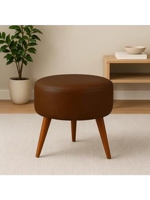 Mey İthalat Ceviz Ahşap Ayaklı Suni Deri Puf, Retro-Modern Tasarımlı Dekoratif Sehpa
