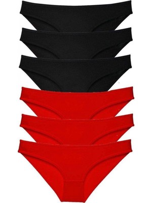Pileli Store 6 Adet Süper Eko Set Likralı Kadın Slip Külot Siyah Kırmızı