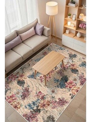Mey İthalat Elens Çiçekli Şönil Doğal Pamuk Tabanlı Salon Halısı Kaymaz Yıkanabilir Çevre Dostu 120X180