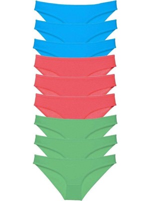 Pileli Store 9 Adet Süper Eko Set Likralı Kadın Slip Külot Yeşil Fuşya Mavi