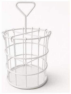 Mey İthalat Metal Kaşıklık ve Makyaj Fırçası Organizeri, Beyaz Tel Çatal Kaşık Bıçaklık, Tezgah Üstü Düzenleyici, Saplı Yuvarlak Sepet 13X23 cm