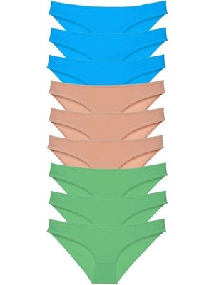 Pileli Store 9 Adet Süper Eko Set Likralı Kadın Slip Külot Yeşil Ten Mavi