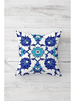 Mey İthalat Ottoman Desenli Çift Taraflı Baskılı Gizli Fermuarlı Yastık Kılıfı, Lacivert-Mavi, 45 x 45