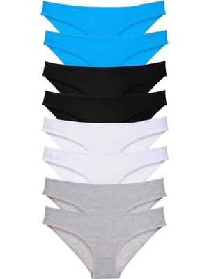 Pileli Store 8 Adet Süper Eko Set Likralı Kadın Slip Külot Siyah Gri Beyaz Mavi