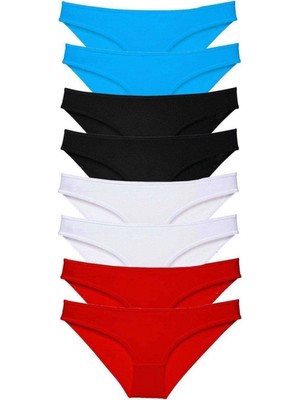Pileli Store 8 Adet Süper Eko Set Likralı Kadın Slip Külot Siyah Kırmızı Beyaz Mavi