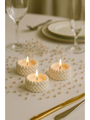 Mey İthalat Örgü Desenli 3'lü El Yapımı Mumluk Seti, Tealight Uyumlu, Tealight Mum Hediyeli