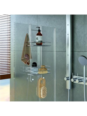 Eym Tekno Tel LM-065 Asmalı 2 Katlı Düz Banyo Duşakabin Rafı Krom