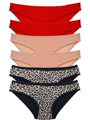 Pileli Store 6 Adet Likralı Kadın Slip Külot Leopar Kırmızı Ten