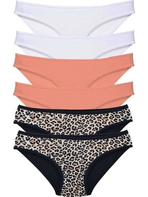 Pileli Store 6 Adet Likralı Kadın Slip Külot Leopar Beyaz Pudra