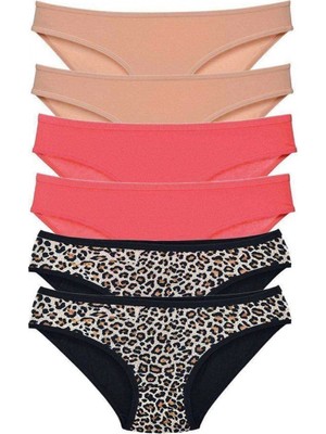 Pileli Store 6 Adet Likralı Kadın Slip Külot Leopar Ten Fuşya