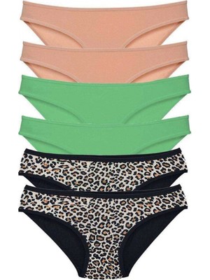 Pileli Store 6 Adet Likralı Kadın Slip Külot Leopar Ten Yeşil