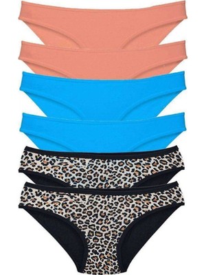 Pileli Store 6 Adet Likralı Kadın Slip Külot Leopar Pudra Mavi