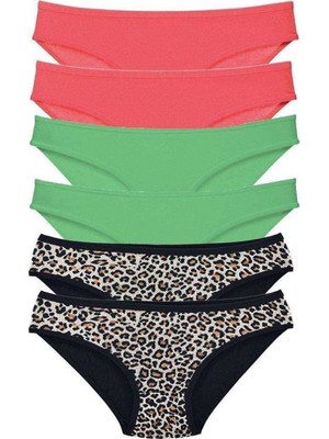 Pileli Store 6 Adet Likralı Kadın Slip Külot Leopar Fuşya Yeşil