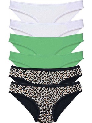 Pileli Store 6 Adet Likralı Kadın Slip Külot Leopar Beyaz Yeşil