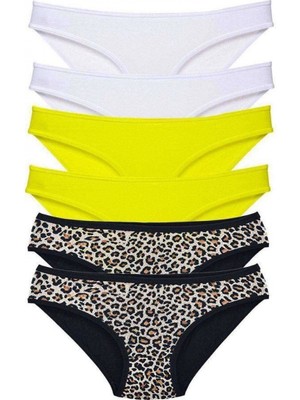 Pileli Store 6 Adet Likralı Kadın Slip Külot Leopar Beyaz Sarı