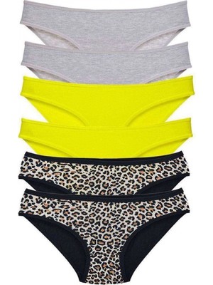 Pileli Store 6 Adet Likralı Kadın Slip Külot Leopar Gri Sarı