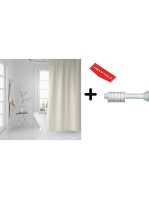 Zethome Banyo Duş Perdesi Krem 120X200 Perde Borusu Askı Aparatı 90X130 Hediyeli
