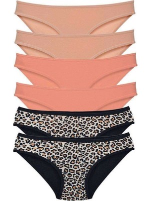 Pileli Store 6 Adet Likralı Kadın Slip Külot Leopar Ten Pudra