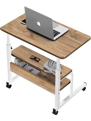 Mey İthalat Yükseklik Ayarlı ve Çift Raflı Laptop Sehpası ve Çalışma Masası, Çam Beyaz (Tekerli) 70X40