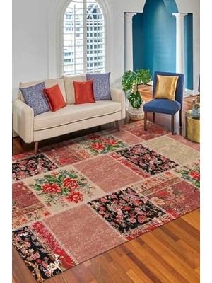 Mey İthalat Zelda Patchwork Desenli Şönil Pamuk Tabanlı Yıkanabilir Kaymaz Antibakteriyel Salon Halısı 200X300